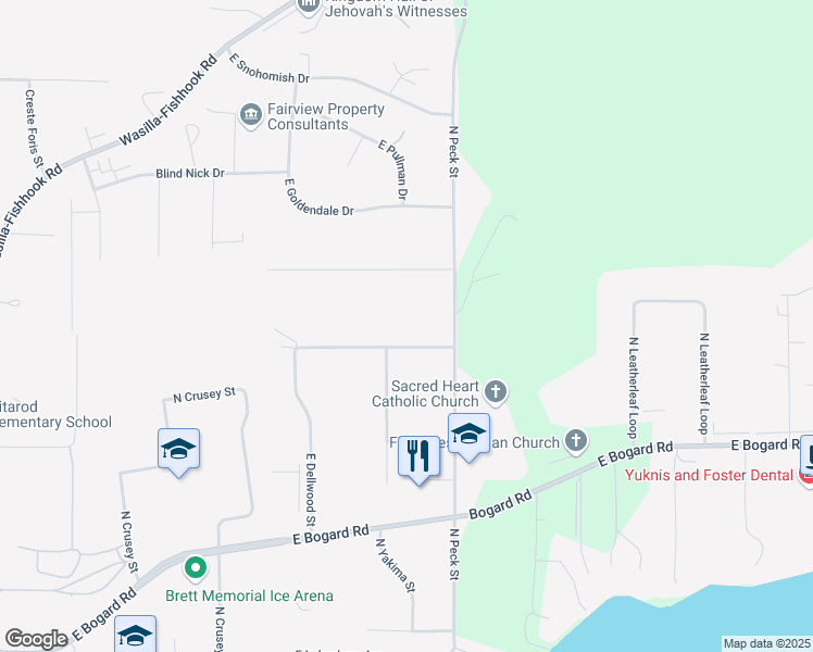 map of restaurants, bars, coffee shops, grocery stores, and more near 1121 East Dellwood Street in Wasilla
