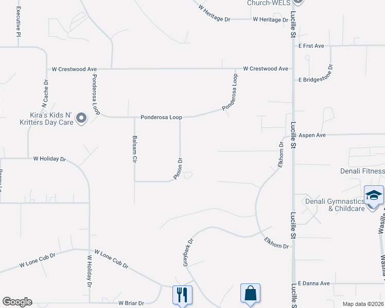 map of restaurants, bars, coffee shops, grocery stores, and more near 271 West Riverdance Circle in Wasilla