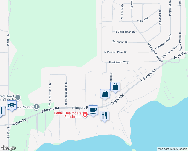 map of restaurants, bars, coffee shops, grocery stores, and more near 1141 North Elsinore Avenue in Wasilla