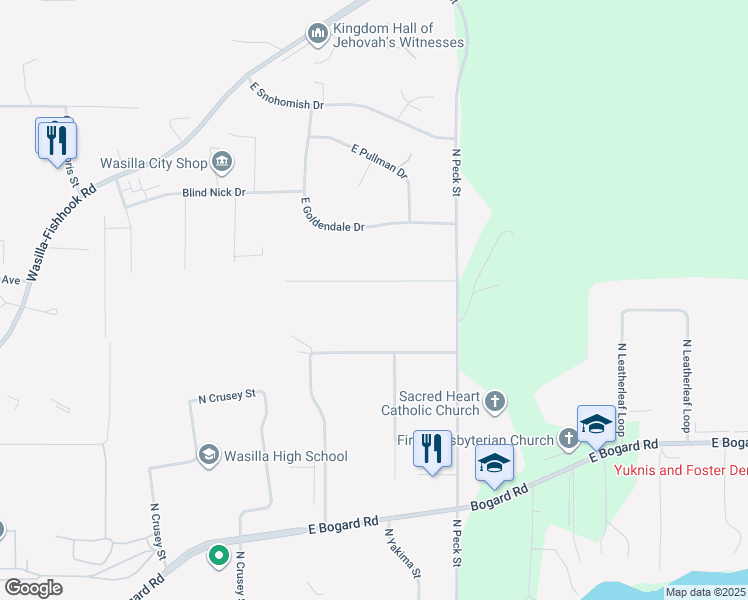 map of restaurants, bars, coffee shops, grocery stores, and more near 1076 East Snow Hill Avenue in Wasilla