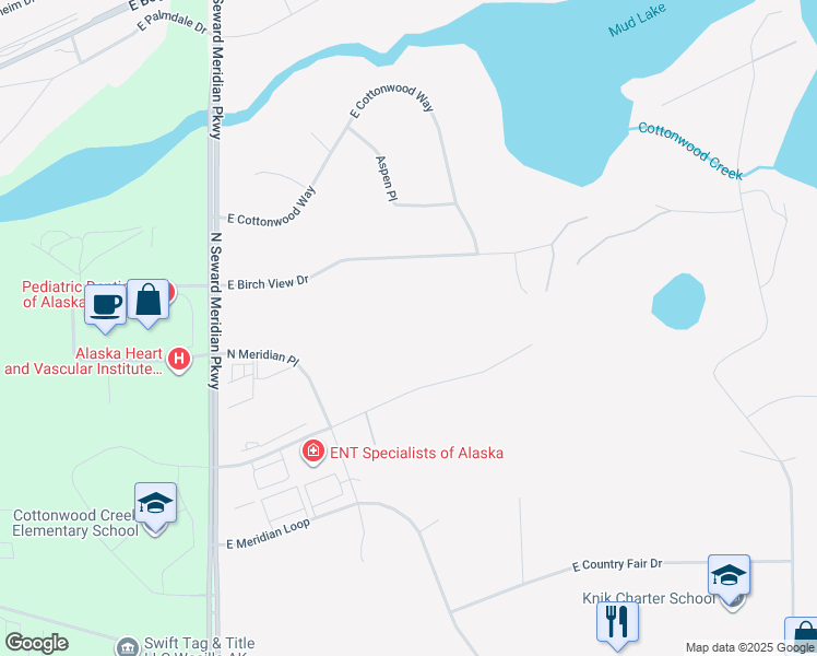 map of restaurants, bars, coffee shops, grocery stores, and more near 3945 East Country Field Circle in Wasilla