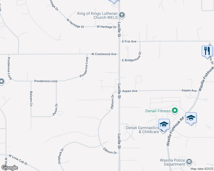 map of restaurants, bars, coffee shops, grocery stores, and more near 1250 Lucille Street in Wasilla