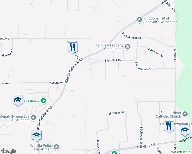 map of restaurants, bars, coffee shops, grocery stores, and more near 1275 Wampam Circle in Wasilla