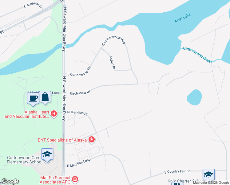 map of restaurants, bars, coffee shops, grocery stores, and more near 3830 East Birch View Drive in Wasilla