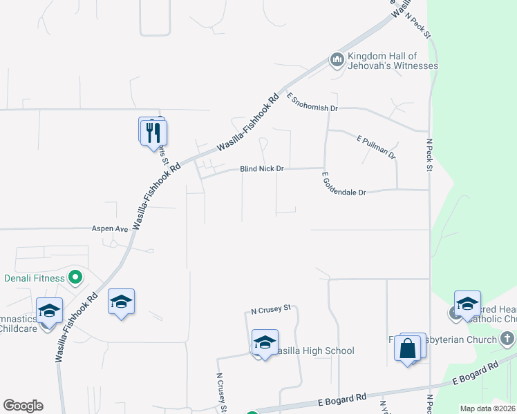 map of restaurants, bars, coffee shops, grocery stores, and more near 1245 Injun Joe Circle in Wasilla