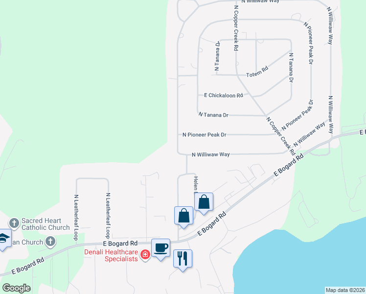 map of restaurants, bars, coffee shops, grocery stores, and more near 1222 North Williwaw Way in Wasilla