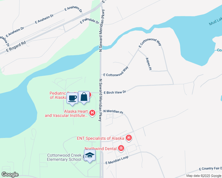 map of restaurants, bars, coffee shops, grocery stores, and more near 3601 East Birch View Drive in Wasilla