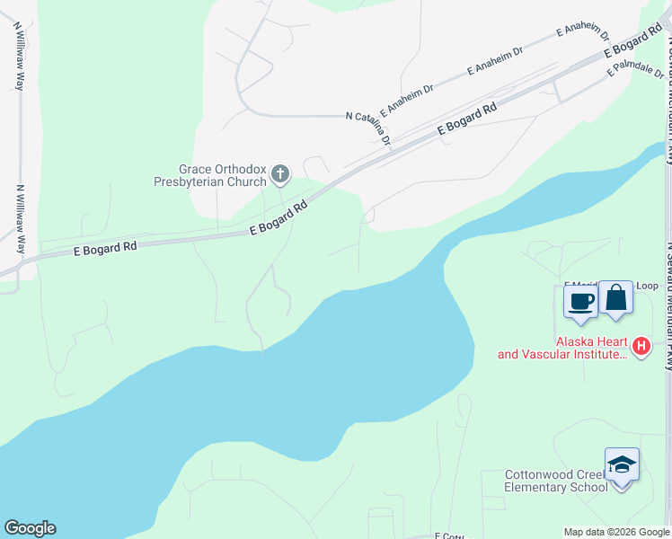 map of restaurants, bars, coffee shops, grocery stores, and more near 2907 East Palmdale Drive in Wasilla