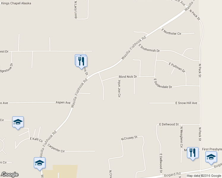 map of restaurants, bars, coffee shops, grocery stores, and more near 1275 Wampam Circle in Wasilla