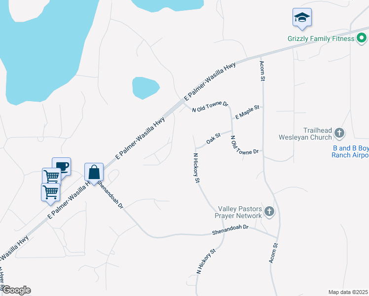 map of restaurants, bars, coffee shops, grocery stores, and more near 1260 North Hickory Street in Palmer