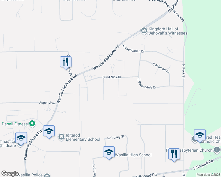 map of restaurants, bars, coffee shops, grocery stores, and more near 1275 Injun Joe Circle in Wasilla