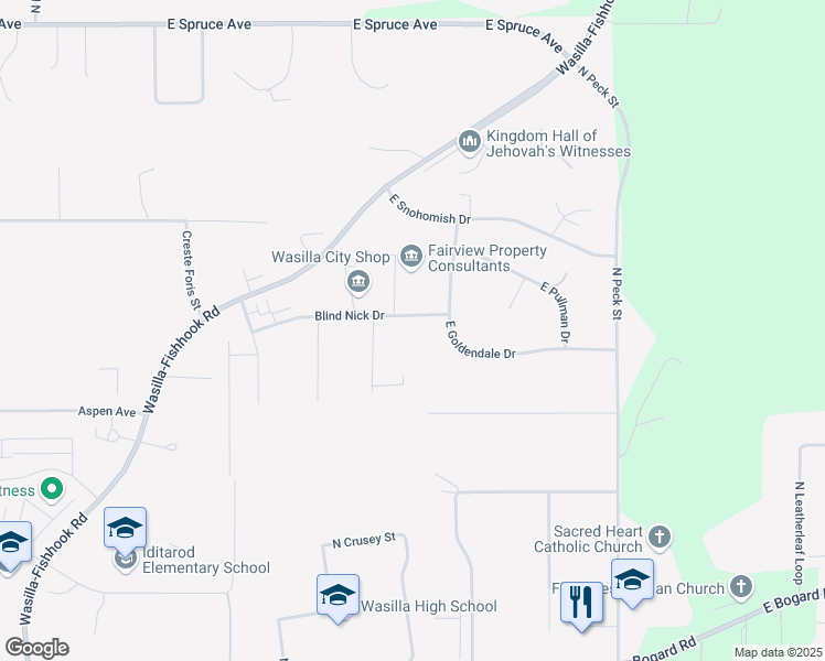 map of restaurants, bars, coffee shops, grocery stores, and more near 890 Blind Nick Drive in Wasilla