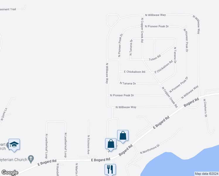 map of restaurants, bars, coffee shops, grocery stores, and more near 1247 North Williwaw Way in Wasilla