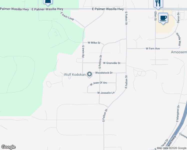 map of restaurants, bars, coffee shops, grocery stores, and more near 1225 Woodstock Drive in Palmer