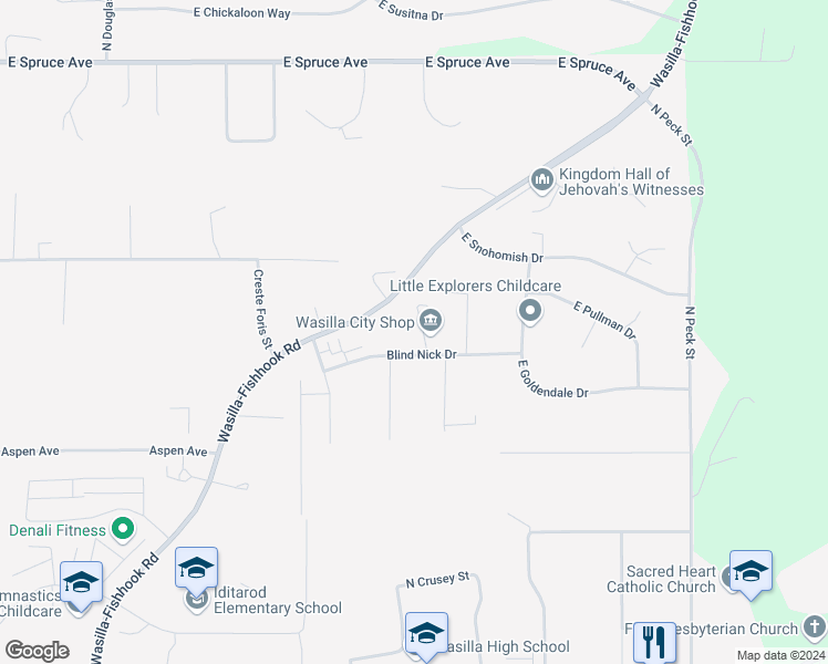 map of restaurants, bars, coffee shops, grocery stores, and more near 801 Blind Nick Drive in Wasilla