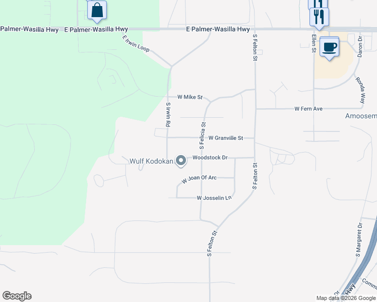 map of restaurants, bars, coffee shops, grocery stores, and more near 1225 Woodstock Drive in Palmer