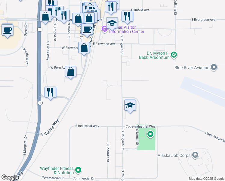map of restaurants, bars, coffee shops, grocery stores, and more near 1132 South Chugach Street in Palmer