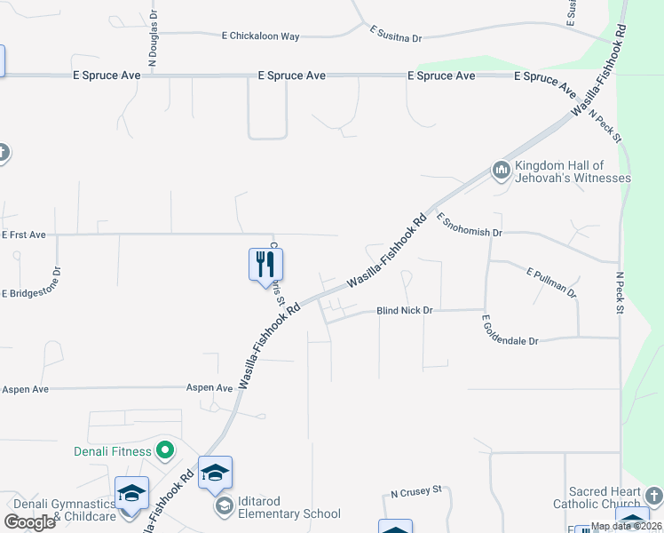 map of restaurants, bars, coffee shops, grocery stores, and more near 1400 Wasilla-Fishhook Road in Wasilla
