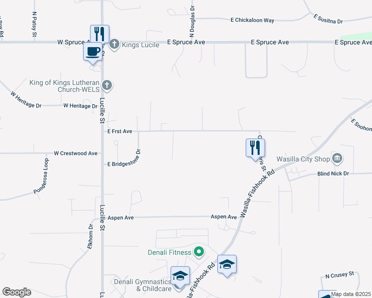 map of restaurants, bars, coffee shops, grocery stores, and more near 1501 North Morrie Circle in Wasilla