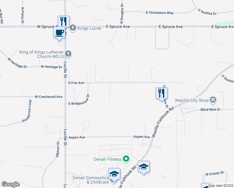 map of restaurants, bars, coffee shops, grocery stores, and more near 1501 North Morrie Circle in Wasilla