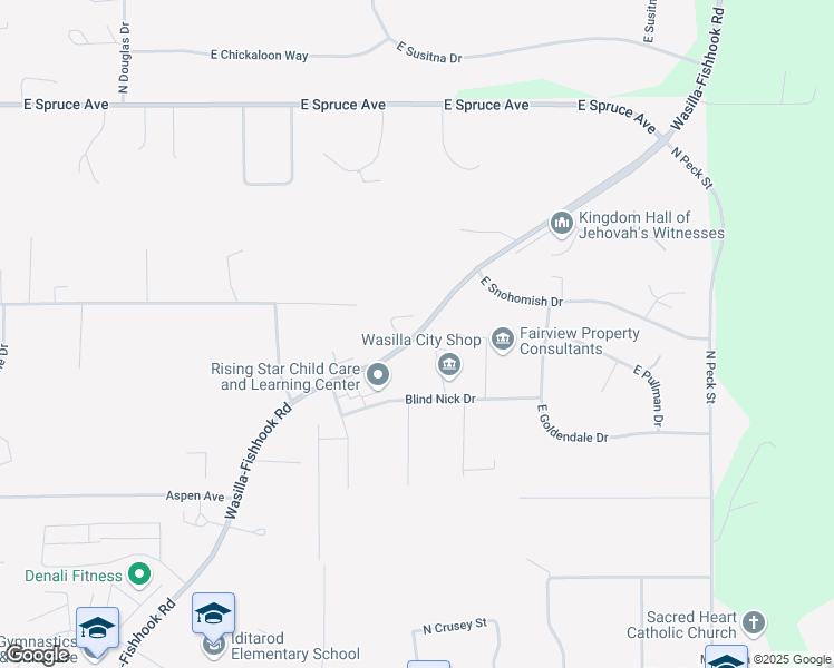 map of restaurants, bars, coffee shops, grocery stores, and more near 801 Blind Nick Drive in Wasilla