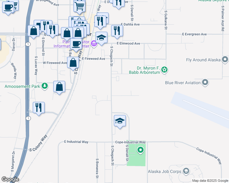 map of restaurants, bars, coffee shops, grocery stores, and more near 307 Rempel Avenue in Palmer