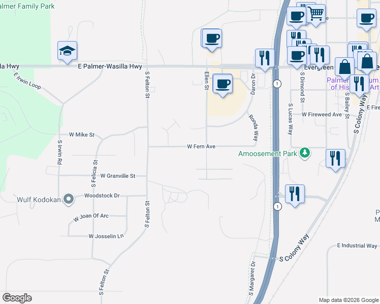map of restaurants, bars, coffee shops, grocery stores, and more near 760 West Fern Avenue in Palmer
