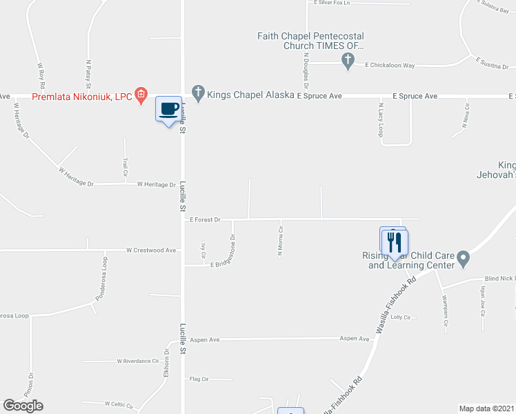 map of restaurants, bars, coffee shops, grocery stores, and more near 221 East Forest Drive in Wasilla