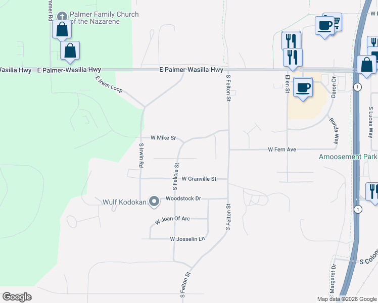 map of restaurants, bars, coffee shops, grocery stores, and more near 1135 West Angel Circle in Palmer