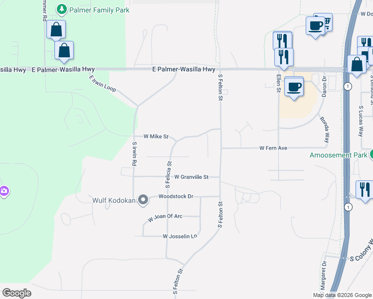 map of restaurants, bars, coffee shops, grocery stores, and more near 1135 West Angel Circle in Palmer