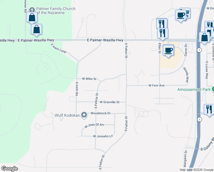 map of restaurants, bars, coffee shops, grocery stores, and more near 1135 West Angel Circle in Palmer