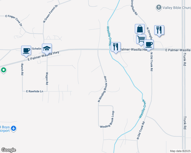 map of restaurants, bars, coffee shops, grocery stores, and more near 1650 North Winding Brook Loop in Palmer