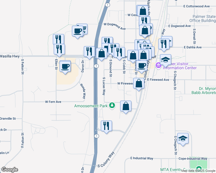 map of restaurants, bars, coffee shops, grocery stores, and more near 1005 South Lucas Way in Palmer