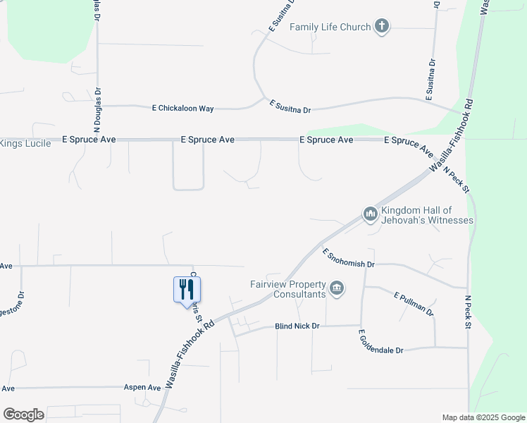 map of restaurants, bars, coffee shops, grocery stores, and more near 700 Rosewood Drive in Wasilla
