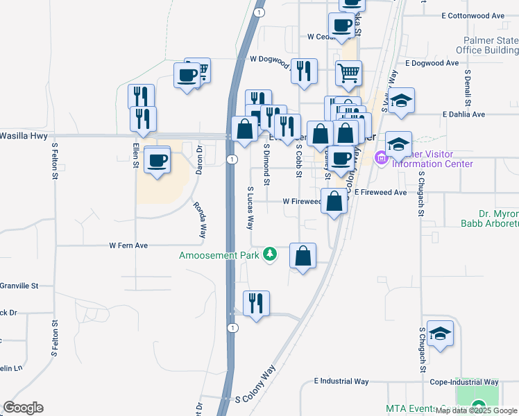 map of restaurants, bars, coffee shops, grocery stores, and more near 1005 South Lucas Way in Palmer