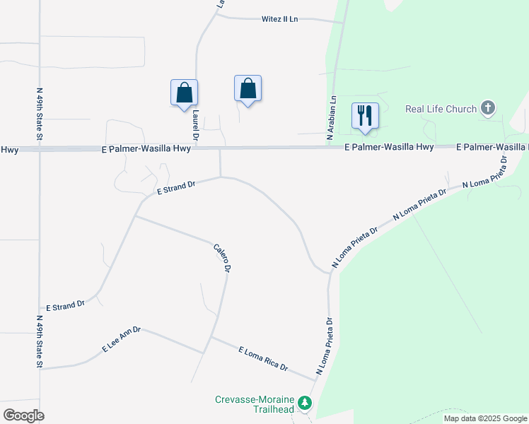 map of restaurants, bars, coffee shops, grocery stores, and more near 10150 East Strand Drive in Palmer