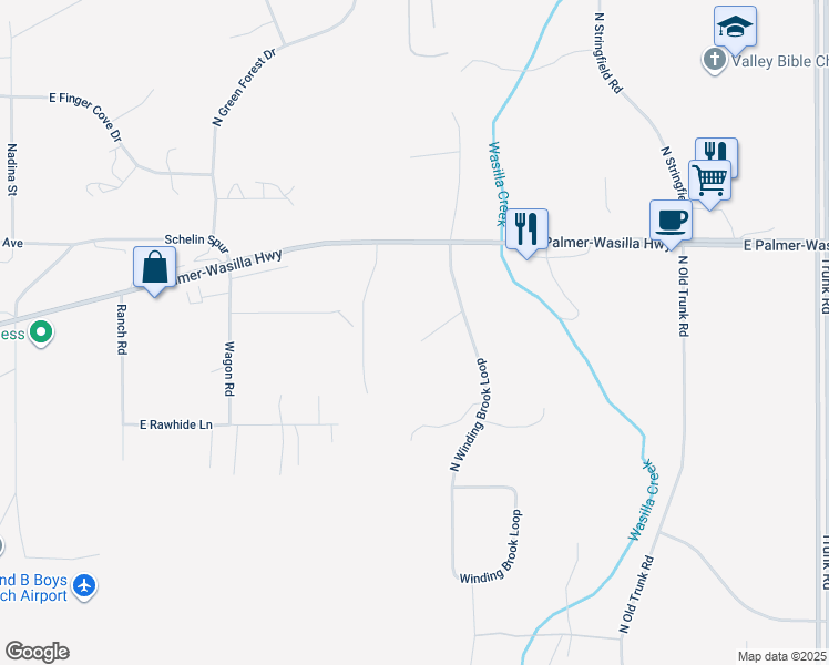 map of restaurants, bars, coffee shops, grocery stores, and more near 1650 North Winding Brook Loop in Palmer