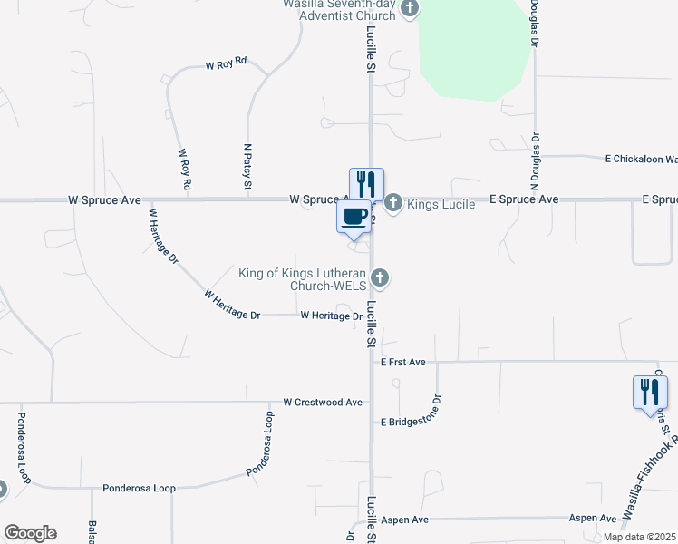 map of restaurants, bars, coffee shops, grocery stores, and more near 1666 Lucille Street in Wasilla
