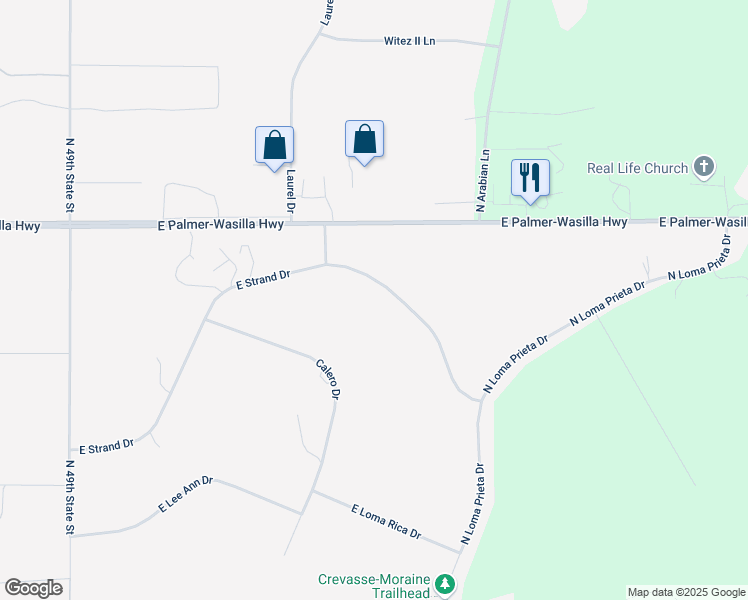 map of restaurants, bars, coffee shops, grocery stores, and more near 10120 East Strand Drive in Palmer