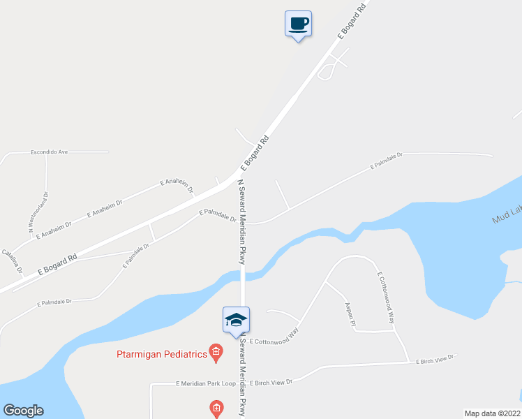 map of restaurants, bars, coffee shops, grocery stores, and more near 3605 East Palmdale Drive in Wasilla