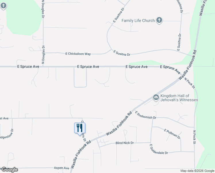 map of restaurants, bars, coffee shops, grocery stores, and more near 1733 North Nina Circle in Wasilla