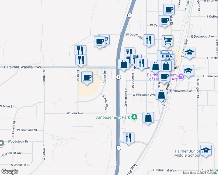 map of restaurants, bars, coffee shops, grocery stores, and more near 610 Daron Drive in Palmer
