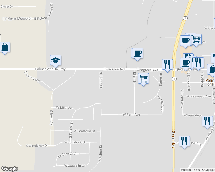 map of restaurants, bars, coffee shops, grocery stores, and more near 910 South Felton Street in Palmer