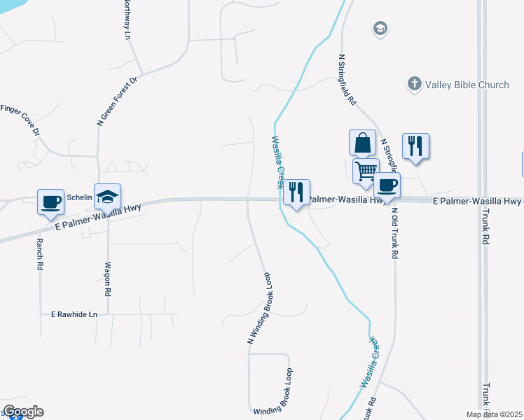 map of restaurants, bars, coffee shops, grocery stores, and more near 1705 North Winding Brook Loop in Palmer