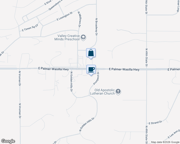 map of restaurants, bars, coffee shops, grocery stores, and more near 1744 Prospect Drive in Palmer
