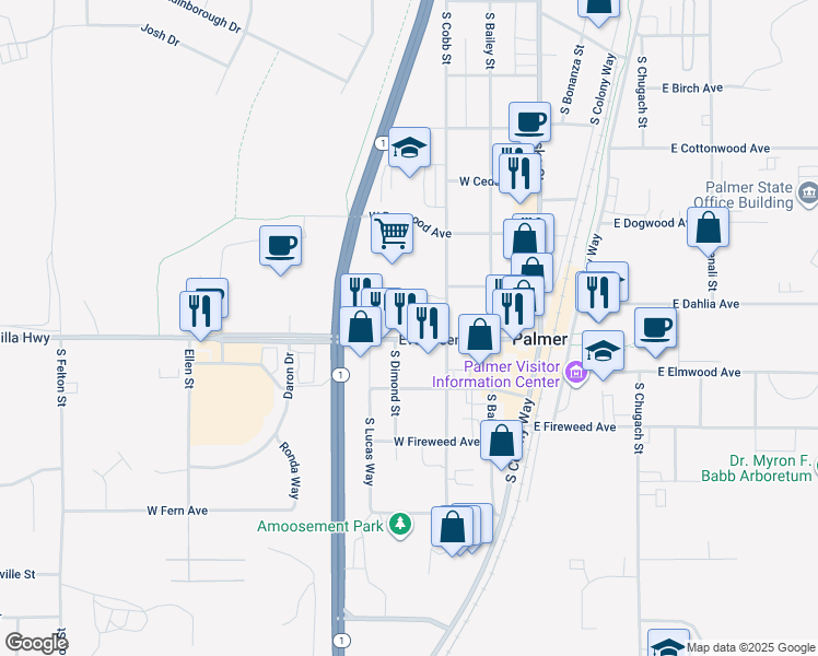 map of restaurants, bars, coffee shops, grocery stores, and more near 333 Evergreen Avenue in Palmer