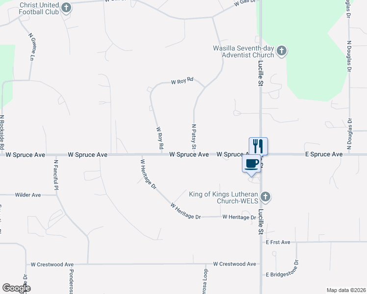map of restaurants, bars, coffee shops, grocery stores, and more near 300 West Spruce Avenue in Wasilla