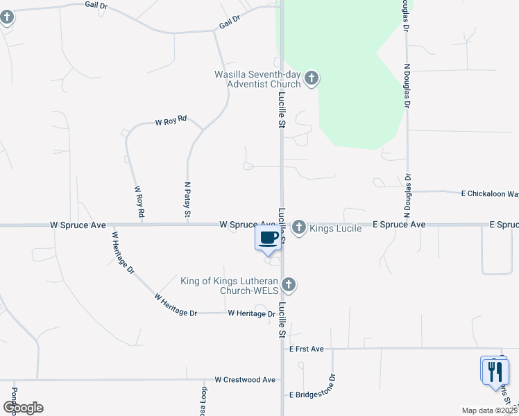 map of restaurants, bars, coffee shops, grocery stores, and more near 125 West Spruce Avenue in Wasilla