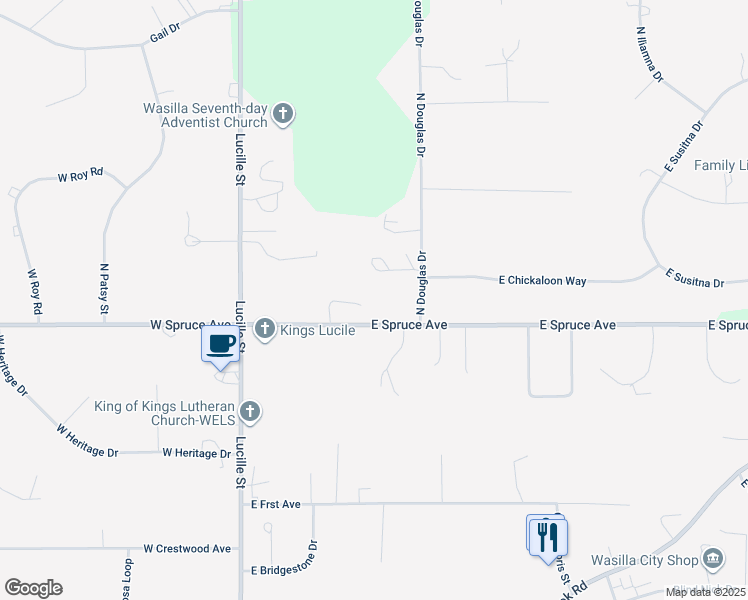 map of restaurants, bars, coffee shops, grocery stores, and more near 1900 North Douglas Drive in Wasilla