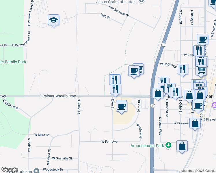 map of restaurants, bars, coffee shops, grocery stores, and more near 801 Evergreen Avenue in Palmer